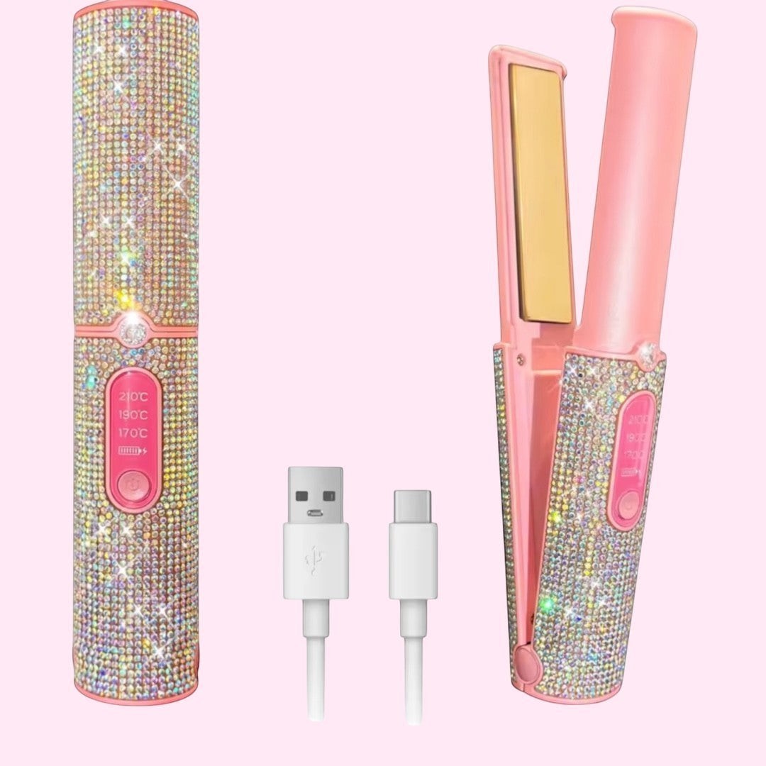 Chapinha Chic Travel sem fio rosa com strass, placas de titânio, recarregável via USB, ideal para viagens.
