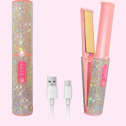 Chapinha Chic Travel sem fio rosa com strass, placas de titânio, recarregável via USB, ideal para viagens.
