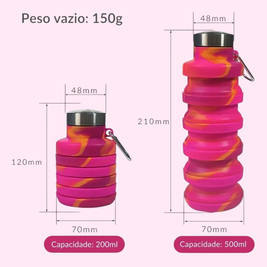 Garrafa de água retrátil Chic Travel de silicone rosa e laranja, com mosquetão, mostrando capacidades de 200ml e 500ml.