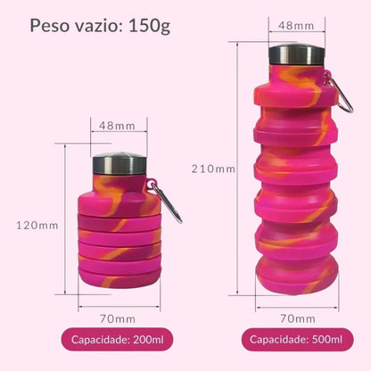 Garrafa de água retrátil Chic Travel de silicone rosa e laranja, com mosquetão, mostrando capacidades de 200ml e 500ml.