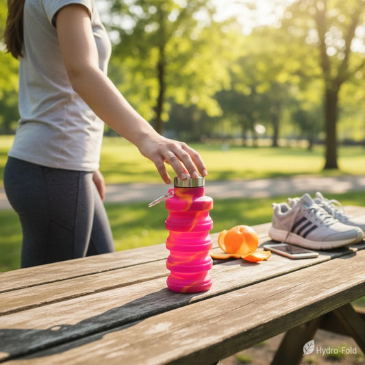 Garrafa de água retrátil de silicone Chic Travel rosa e laranja com mosquetão sobre mesa de madeira em parque.