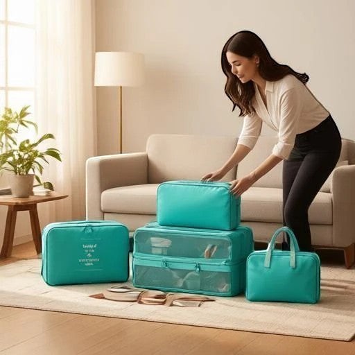 Mulher organizando mala com kit de 9 peças Chic Travel verde água, incluindo cubos e nécessaires impermeáveis.