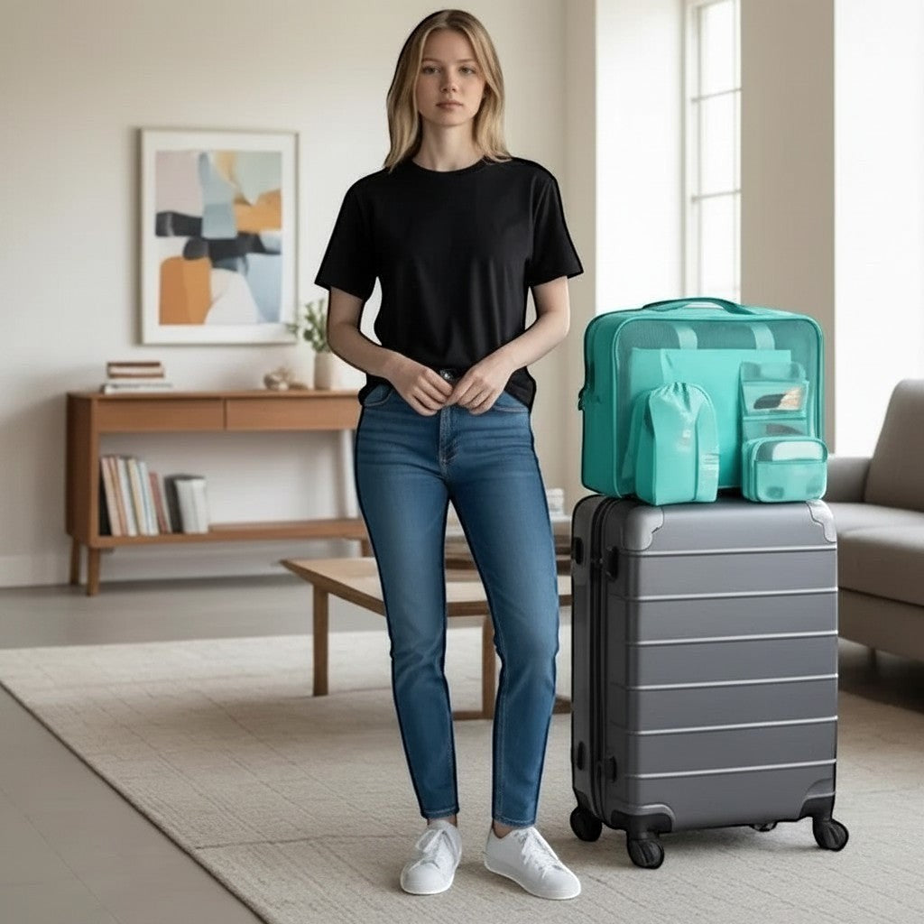 Mulher em pé ao lado de mala cinza com kit organizador de viagem Chic Travel na cor verde água sobre a bagagem