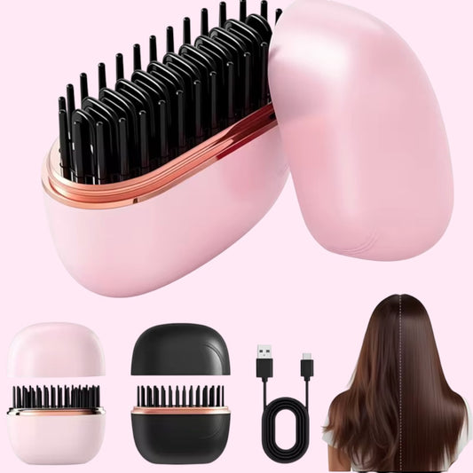 Mini escova alisadora sem fio Chic Travel rosa, compacta, com cerdas pretas e cabo USB para carregamento.
