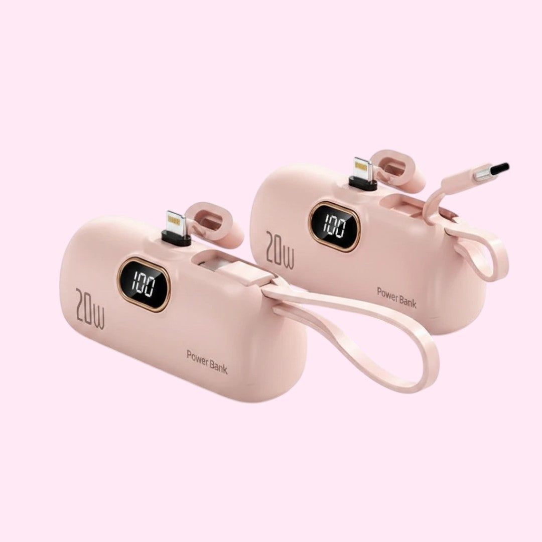 Dois carregadores portáteis Power Bank Chic Travel rosa com cabos integrados, visor digital LED e alça de transporte.