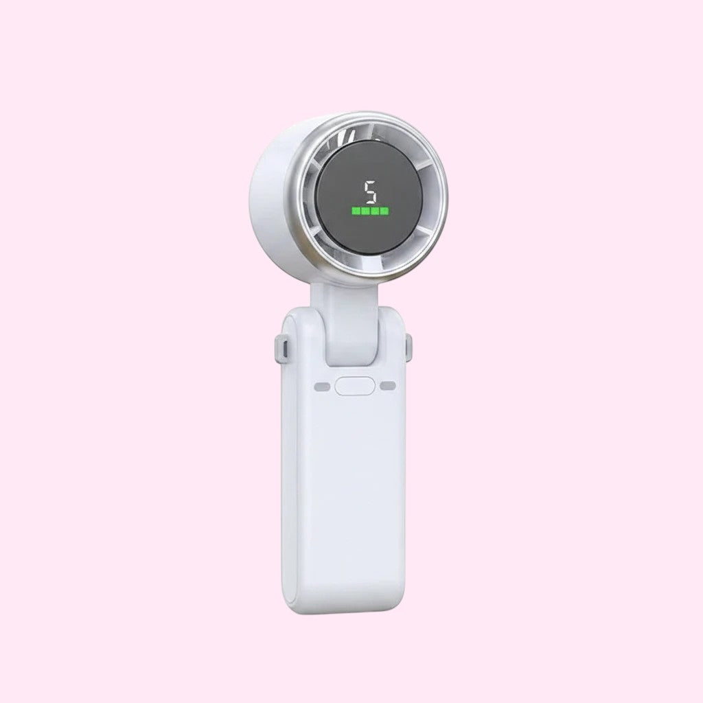Ventilador portátil de mão branco Chic Travel com visor digital de bateria e design articulado moderno